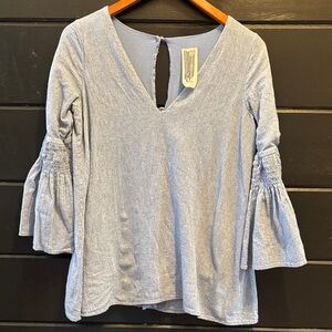 Free People Chambray Mini Dress Playsuit V-Neck Blouse Bell Sleeves